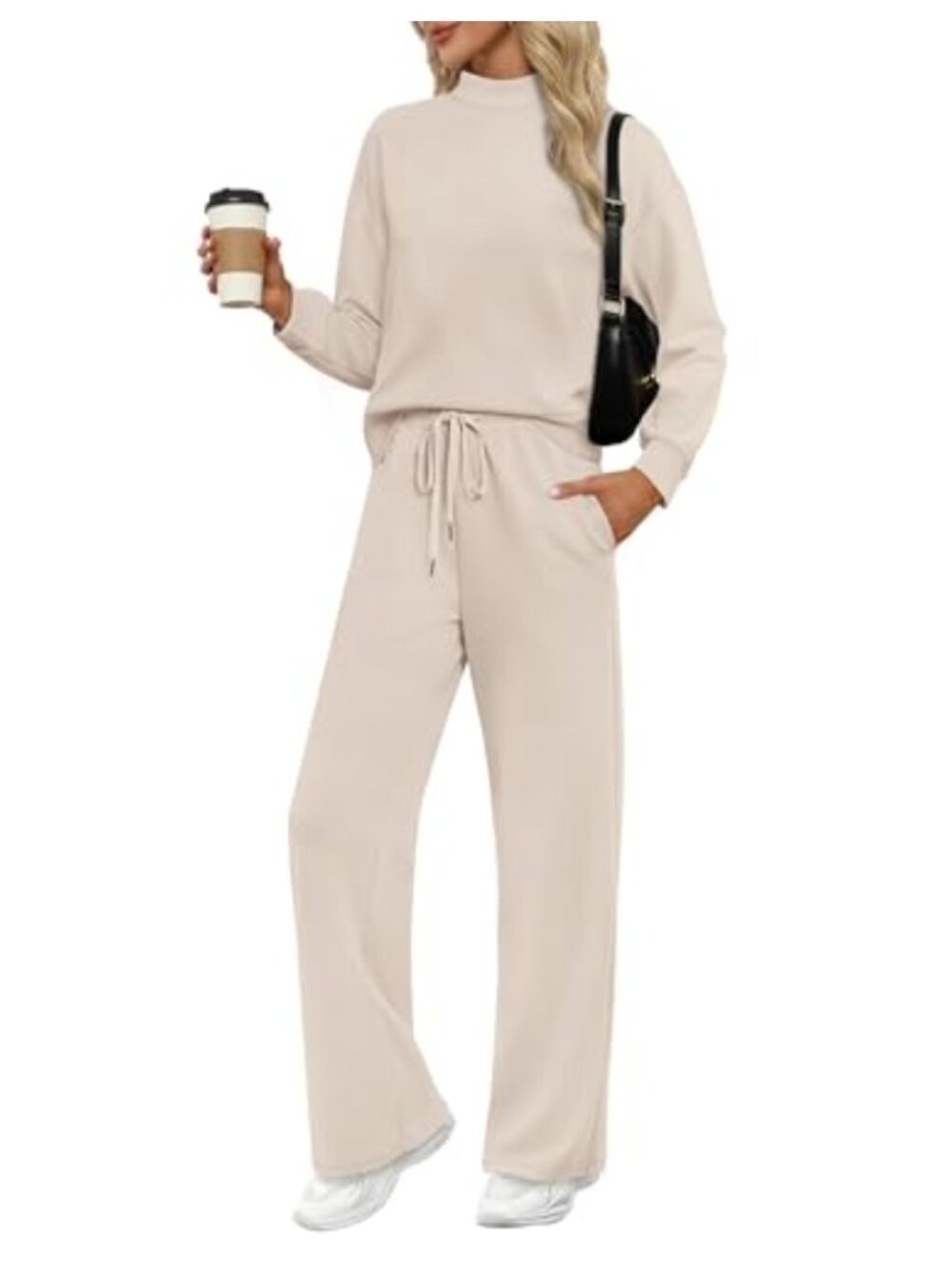 Women's Mock Neck Long Sleeve Lounge Set Wide Leg Pants Two Piece